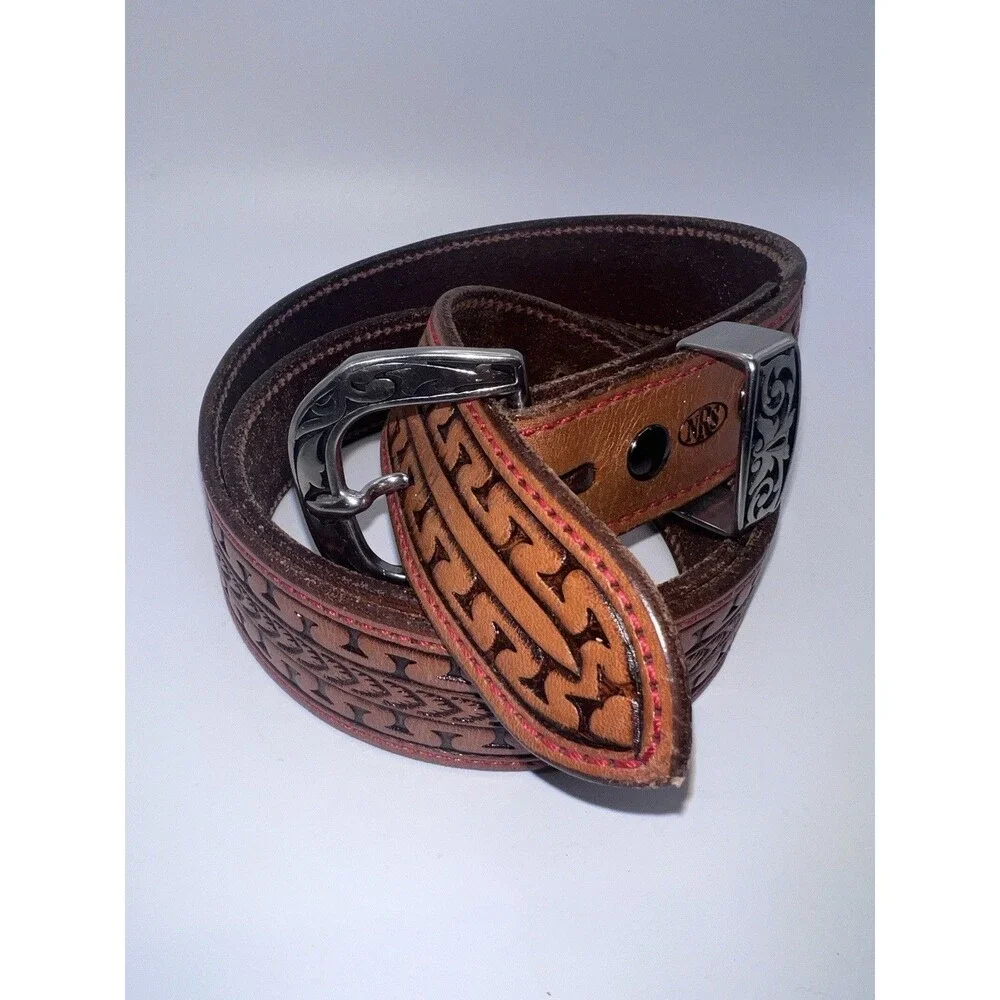 Tandy Tooled Mens Leather Belt Sz 44 Western Brown Floral Silver Tone Rodeo